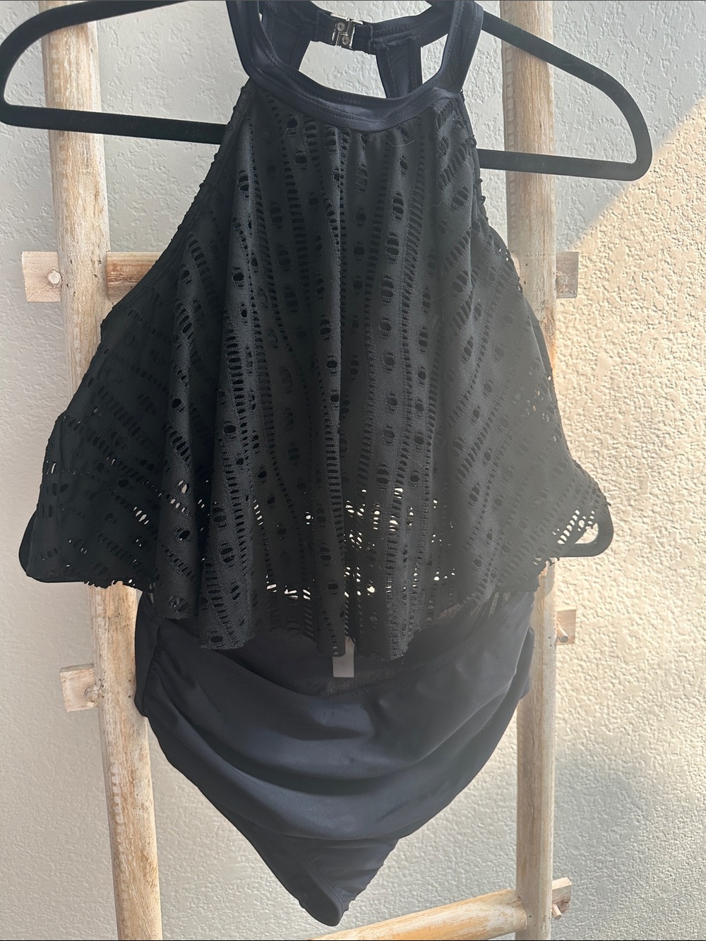 Black High Neck Crochet Two-Piece Swimsuit